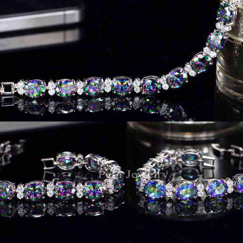 Pera Fashion Women Evening Party Jewelry Natural Light Blue Oval Rainbow Mystic Crystal Stones Bracelets for Birthday Gift B087 211124