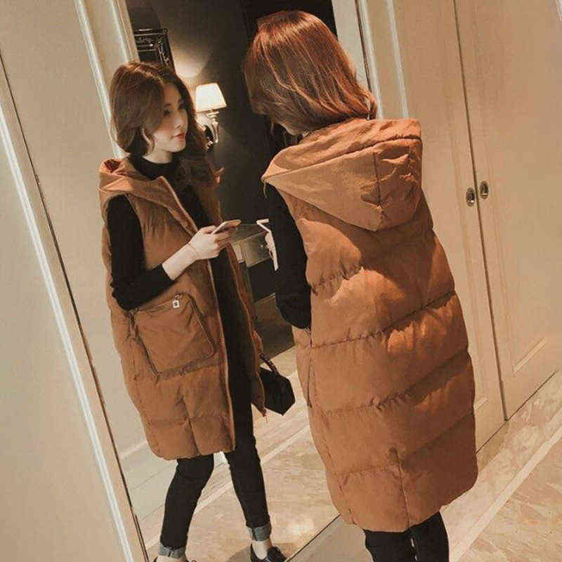 Cotton Vest Women Autumn and Winter Large Size Down Jacket Women's Mid-length Loose Hooded Sleeveless 211120