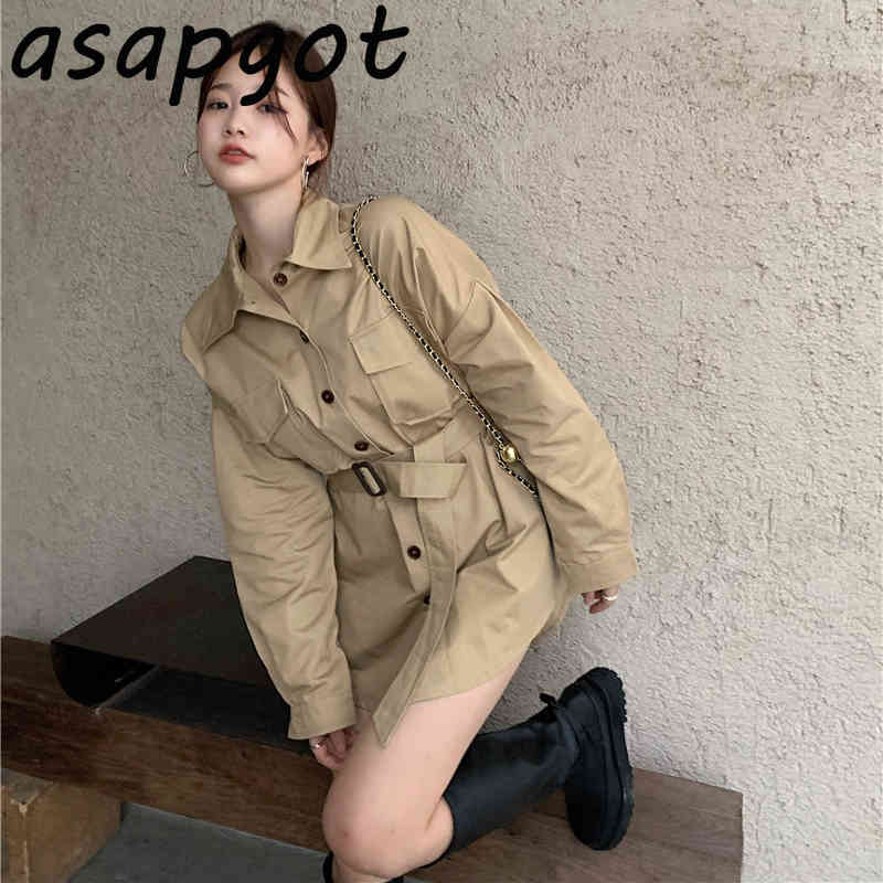Retro Korean Chic Loose Full Sleeve Turn Down Collar Single Breasted Khaki Blouse Women with Belt Blusas Mujer Thin Jacket 210429