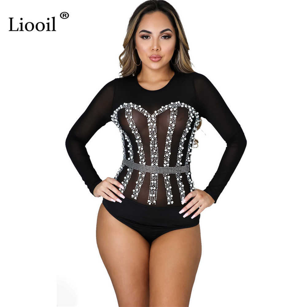 Liooil Mesh Sheer Bodysuits Sexy Tight Body Suit Top Long Sleeve See Through Bodycon Rompers Diamond Jumpsuits 210622