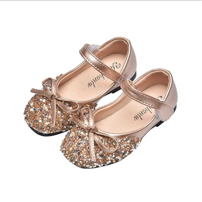 2021 spring new fashion girls' shoes princess shoes bowknot Sequin soft sole antiskid children's performance shoes X0703