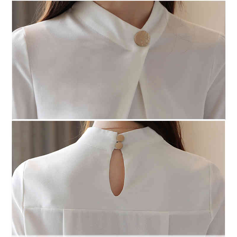 Spring Long Sleeve Stand Collar Elegant Chiffon Blouse White Women Solid Color Loose Slim Lady's Shirt 9041 50 210427