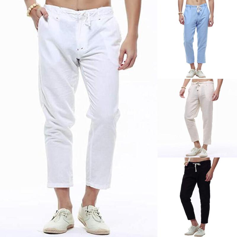 2021Men Straight Pants Solid Color Pencil Trousers Slim Casual Ninth Waist Drawstring With Pockets Men's