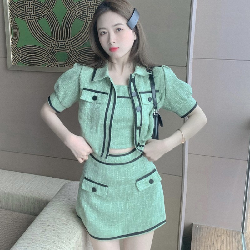 Summer Women 2 Piece Set Lady Elegant Tweed Lapel Puff Sleeve Crop Top + Sexy Vest + Mini Skirt Fashion Suit 210518