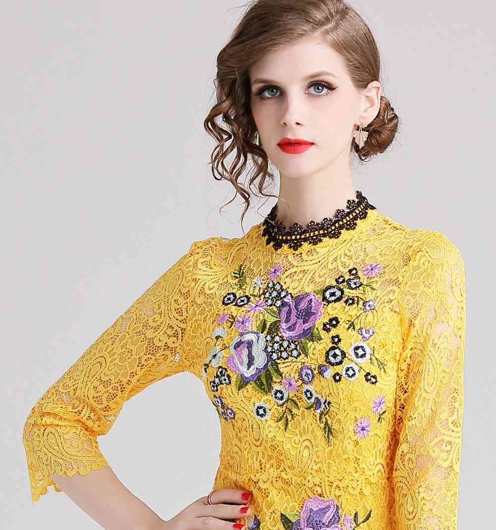 Yellow Lace Dress Summer Women's Elegant Embroidered Flowers Office Casual Slim Sexy Party Dresses Vestidos 210520