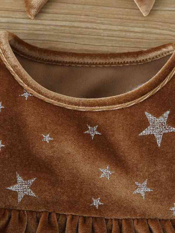 Baby Glitter Star Ruffle Trim Velvet Jumpsuit With Headband SHE