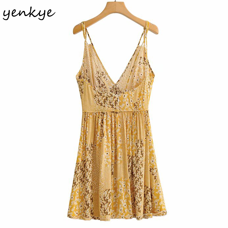 YENKYE Yellow Vintage Floral Print Sexy Sling Dress Women Backless V Neck Sleeveless Holiday Summer Beach Dress Short Robe 210515