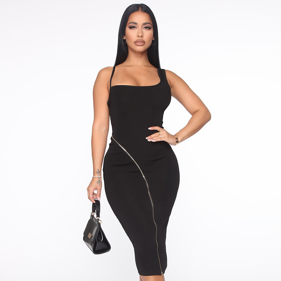 Summer Women Spaghetti Strap Bodycon Bandage Dress Sexy Sleeveless Black Club Evening Runway Party Midi Dresses 210423