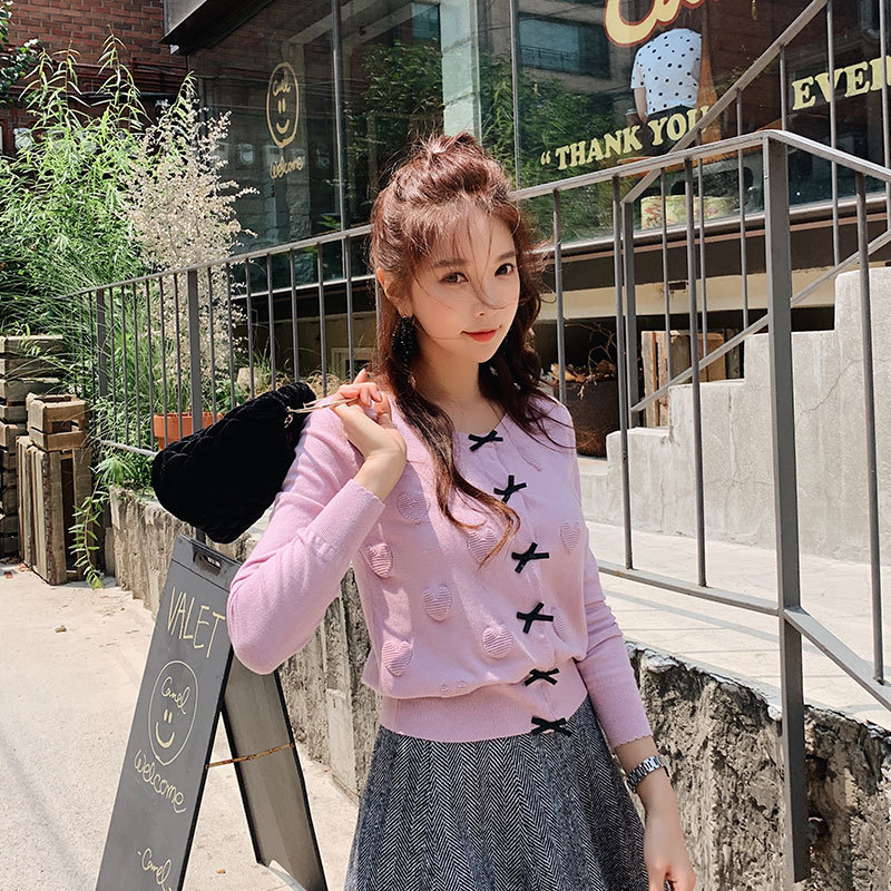 Dabuwawa Sweet Pink Bow Heart Front Cardigan Women Autumn O Neck Classic Sweater Solid Outwear Cardigans Female DT1DJS019 210520