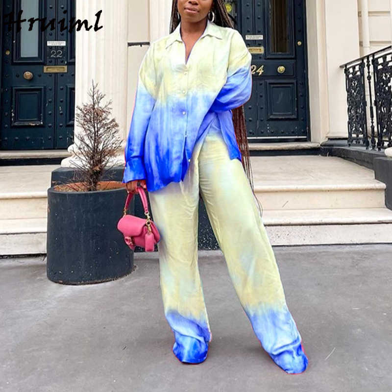 Suit Women Two Pice Autumn Arrival Fashion Long Sleeve Shirts Wide Leg Pants Female Suit Loose Tie-dye Printed Women Sets 211118