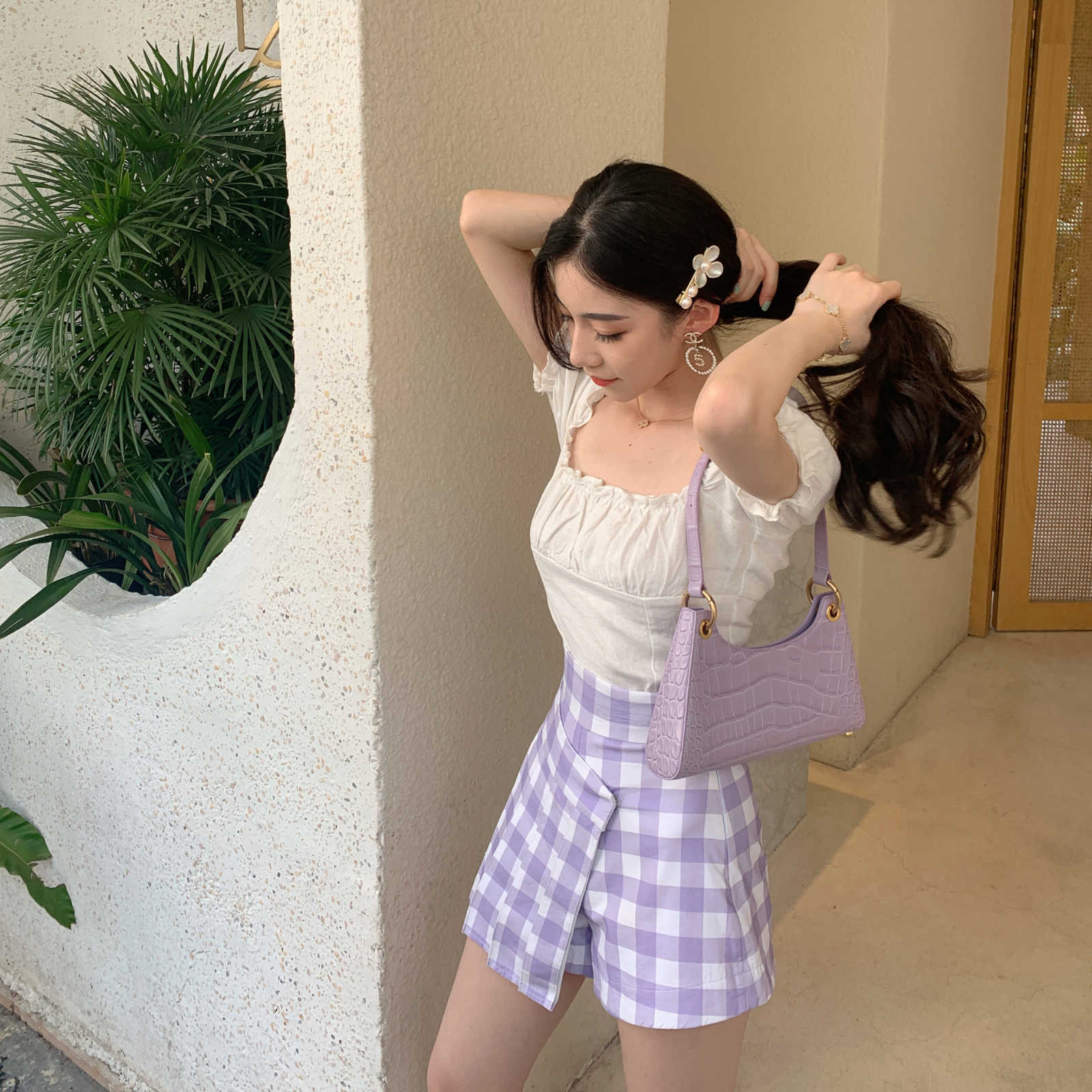 WOMENGAGA Summer White French Square Collar Puff Sleeve Short Top Women's Slim T Shirt Tees Korena 3T4Q 210603