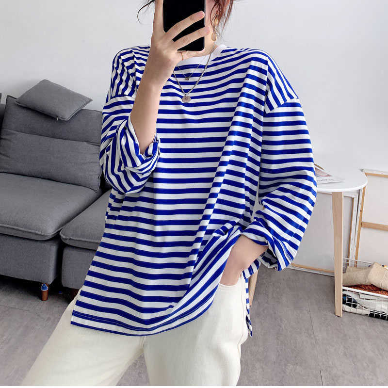 Summer And Blue-and-white Striped Open-fork Full T-shirt Spring Women's Loose Plus Size O Neck Casual Top 210615