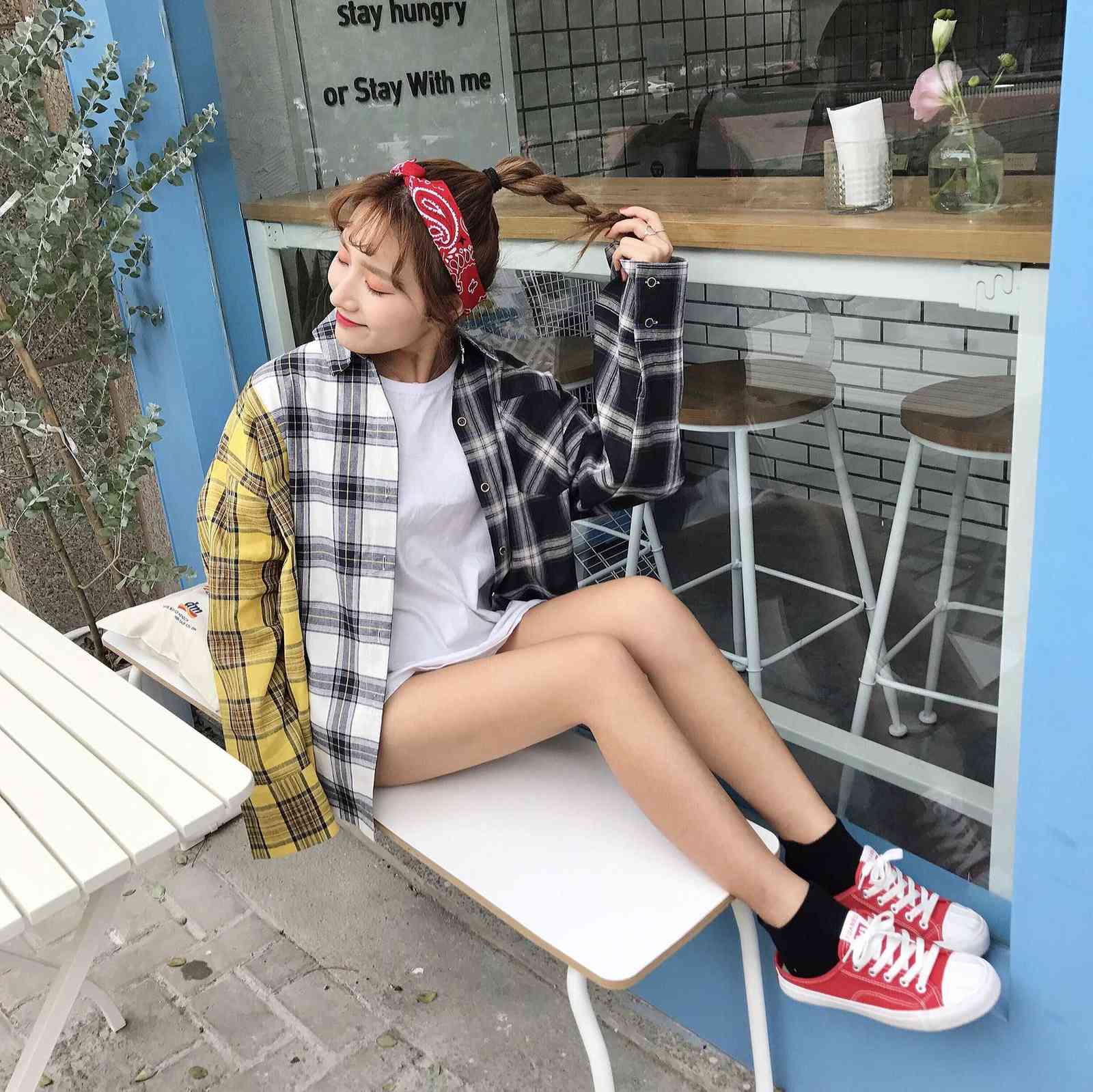 Plaid Shirt Women Bangtan Boys SUGA Blouse Korea Fashion Plus Size Casual Spring Autumn Splice Shirts 210602