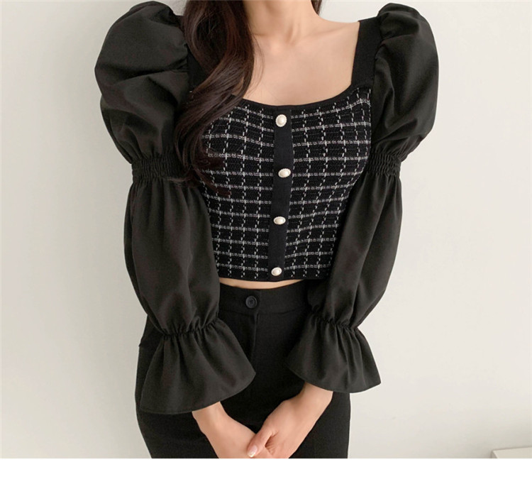 Korean Autumn Elegant Long Puff Sleeve Square collar Striped Knitted Single-breasted Women chic Tops Vestidos 210519