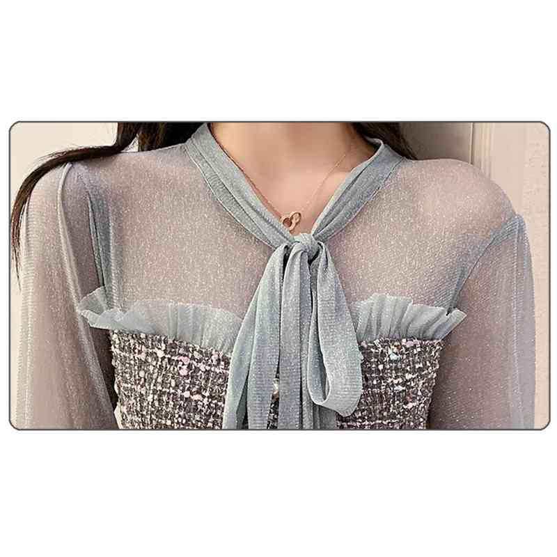 Spring Tweed Dress Office Fashion Knee-Length Ladies Long Sleeve Chic Patchwork Ruffle Vestidos 210520