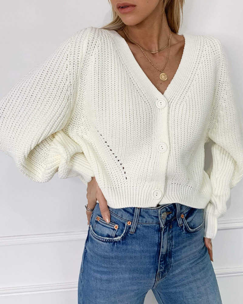 Woman Sexy Deep V-Neck Lantern Sleeve Button Black Sweaters Ladies Cardigan Knitted for Women Khaki Loose Sweater Mujer 210604