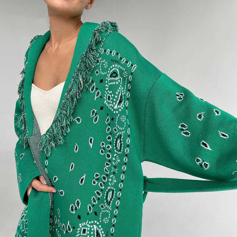Autumn Winter V Neck Loose Print Knitted Cardigan Women Green Y2k Fashion Oversized With Sashes Long Sleeve Casual Sweater 211007