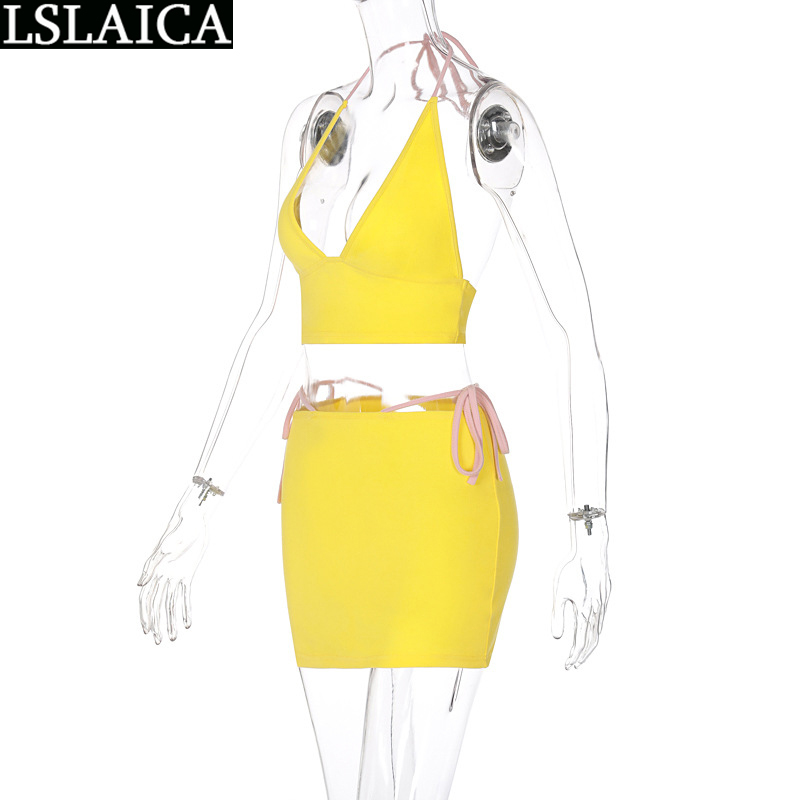 Summer Women's Clothing Crop Top&skirts Yellow Slim Sexy Skirts for Women Club Streetwear Night Sets 210520