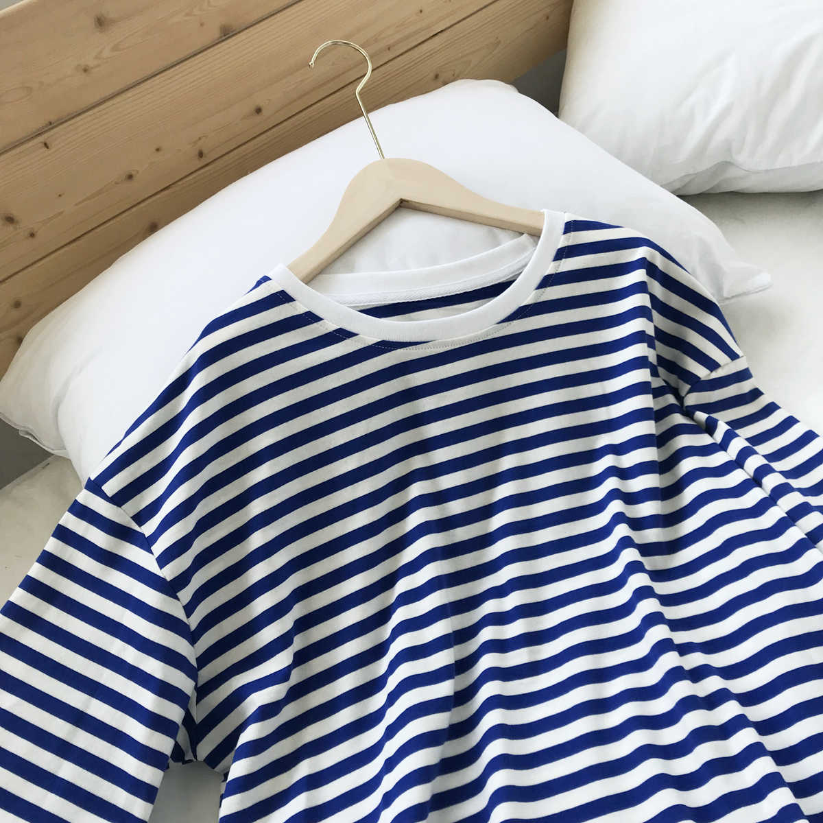 Summer And Blue-and-white Striped Open-fork Full T-shirt Spring Women's Loose Plus Size O Neck Casual Top 210615