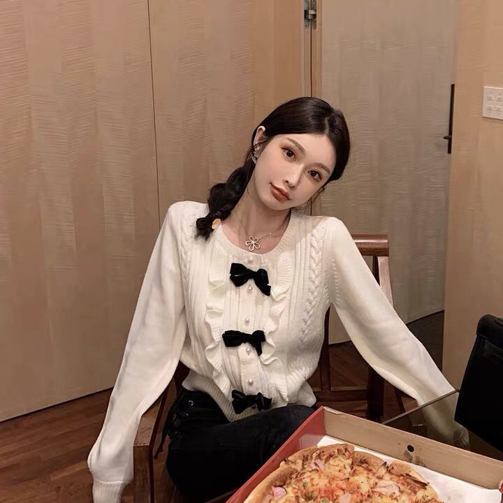 Nomikuma Korean Short Women Knitwear Coat Sweet Bowknot Knitted Cardigan Autumn Winter New Long Sleeve Sweater Jacket 6D108 210427