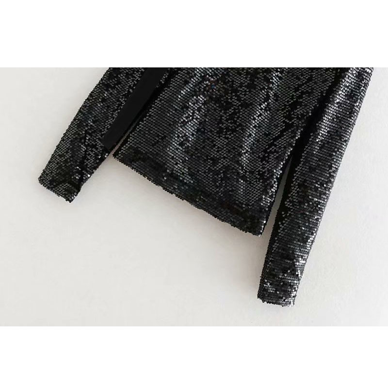 Autumn Women's Black Sequined Stand Collar Personality Long Sleeve Off Shoulder Top Black shiny t-shirt 210507