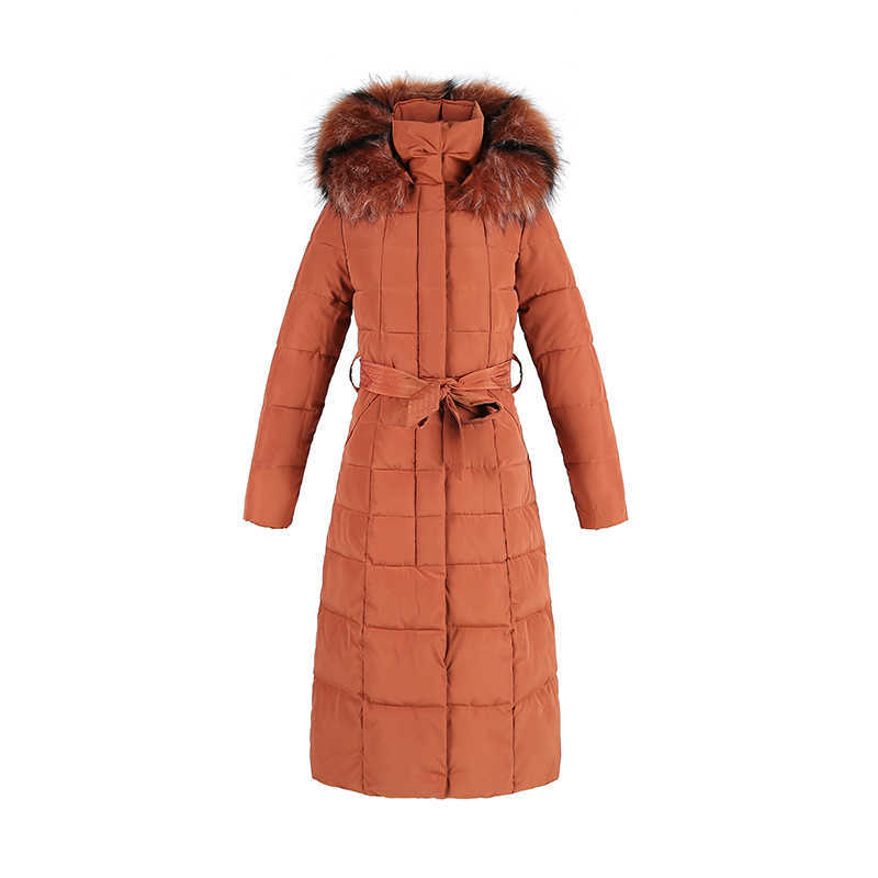 LY VAREY LIN Winter Women Plus Size Cotton Coats Korean Style Sashes Tie Up Big Fur Collar Long Hooded Padded Jackets 210526