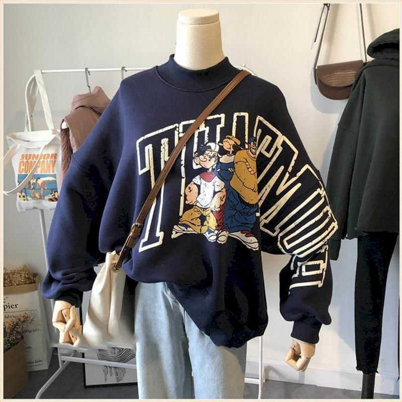 Cotton sweatshirt women spring autumn thin section Korean version lazy loose half high collar bat sleeve round neck pullover top 210526, Navy blue 
Cotton sweatshirt women spring autumn thin section Korean version lazy loose half high collar bat sleeve round neck pullover top 210526, Navy blue