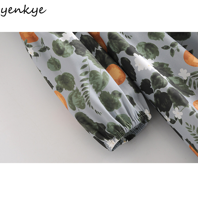 YENKYE Vintage Lemon leaves Print Prairie Chic Dress Women Sexy Square Neck Long Sleeve A-line Chiffon Long Dress Summer Vestido 210515