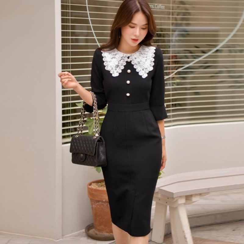 Elegant Vintage Lace Patchwork Peter Pan Collar Black Pencil Dress Summer Office OL Pearl Button Slim Bodycon Party Dress 210518