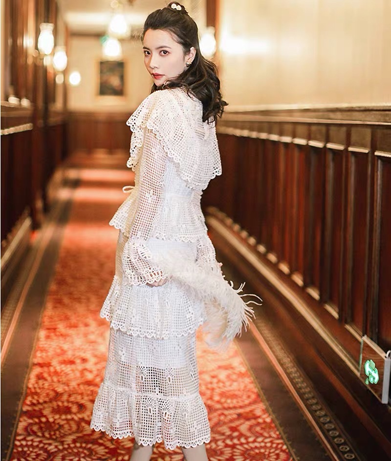 runway deigner white lace high quality hollow out party night dress up slim ruffles flower embroidery flare sleeve 210421