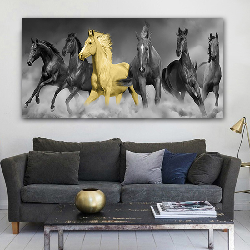 Modern Black and White Horse Running Picture Wall Art Painting Living Room Canvas Print Animal Decorative Poster Print Big Size