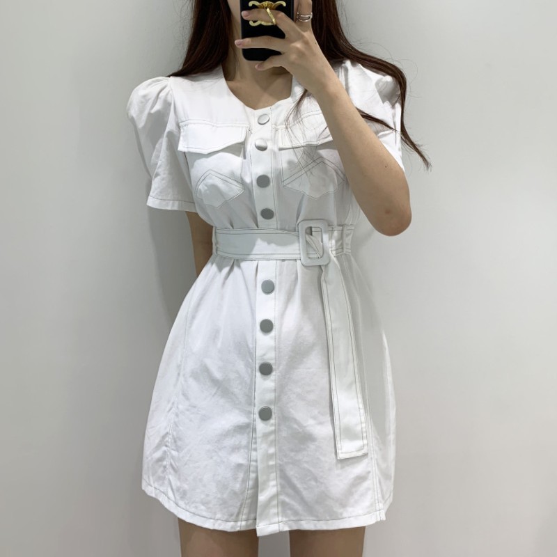 Elegant Women Fashion Chic Mini Dress Summer Ladies A-line Vestidos Single-Breasted Lace Up Female Dress 210518