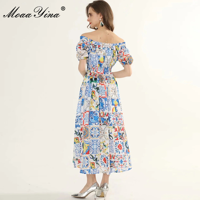 Fashion ner dress Summer Women's Dress Puff Sleeve Classic Blue and white porcelain Print Vacation Dresses 210524