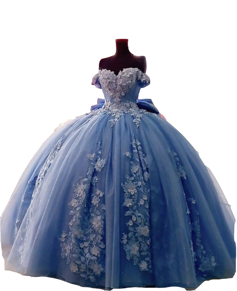 Light Blue Quinceanera Dresses Ball Gown Off Shoulder Lace Crystal Beads Pearls With Flowers Tulle Plus Size Sweet 16 Party P