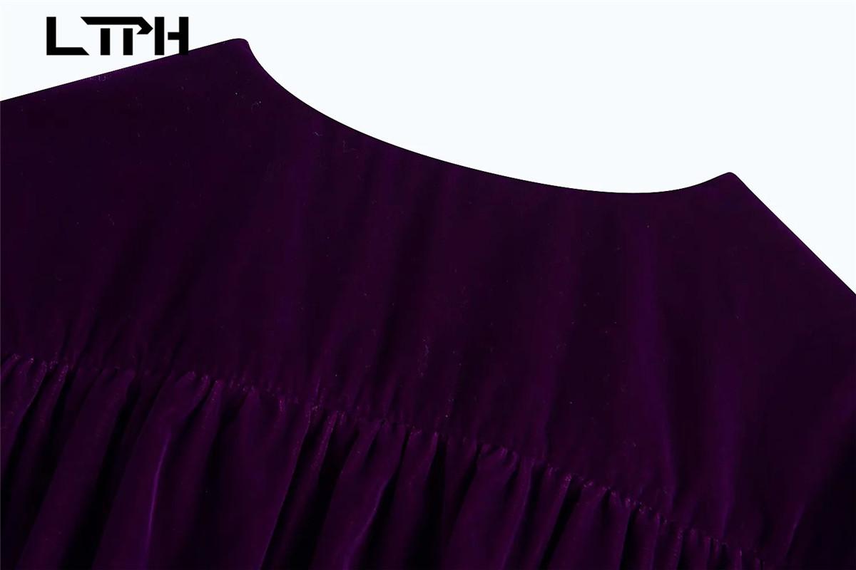 vintage V-Neck velour short women shirts Blouse Lantern sleeve purple temperament All-match tops Spring Autumn 210427