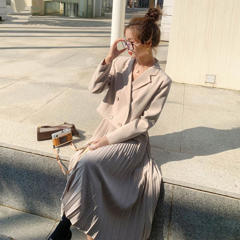 Skirt Sets Korean Chic OL Two Piece Women Crop Top Casual Blazer Coat Pleated Long Suits Female 2 210510