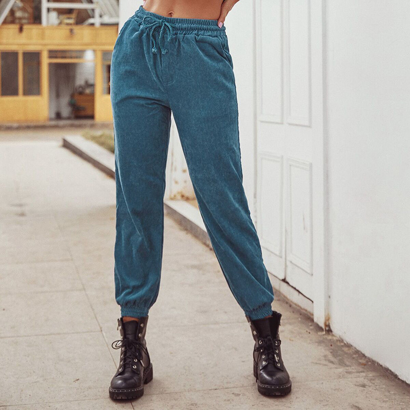 Autumn Winter Ladies Drawstring Corduroy Trousers Casual Fashion Streetwear Pockets High Waist Pants for Women 210510