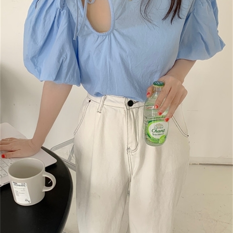 Womens Tops Chic Hollow Out Sexy Blouses O-neck Puff Sleeve Off Shoulder Shirt Loose White Blouse Blusas Mujer Moda 210519