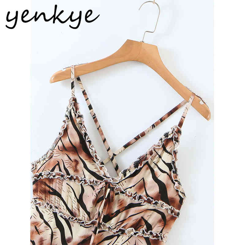Vintage Animal Print Sexy Sling Dress Women Backless V Neck A-line Short Sundress Clothes Female Summer Night Out Vestido 210430