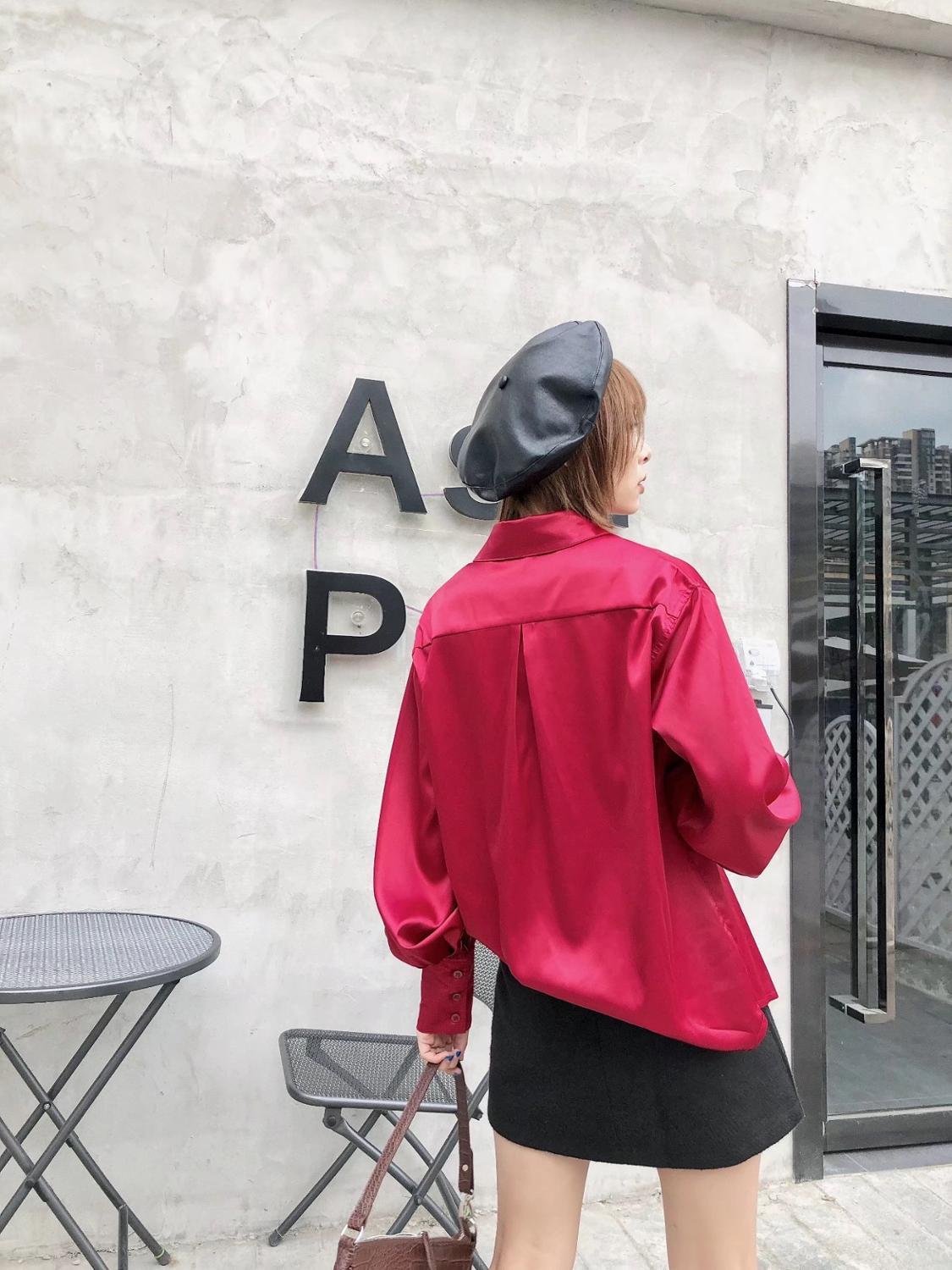 Bright Wine Red Long sleeve Satin Shirt Like Silk Casual Women Lapel Hem Irregular Elegant Blouse Loose Tops Korean Clothes 210429