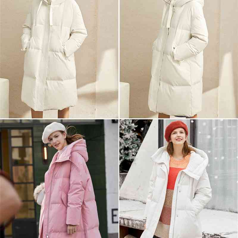 Winter 90% White Duck Down Coat Elegant Solid Loose Hooded Female Mid Long Tops 11930404 210527