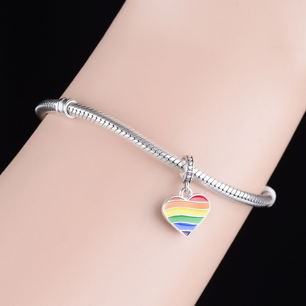 925 Sterling Silver LGBT Rainbow Love Heart Dangle Charm Beads Fit Original PAN Bracelet For Women Making Jewelry