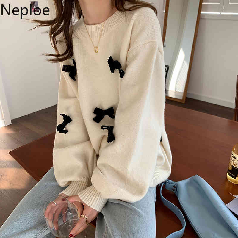 Neploe Sweet Bow Woman Sweaters Fall Women Clothes Korean Knitted Pullovers Tops O-neck Long Sleeve Loose Jumper Coat 4G671 210422
