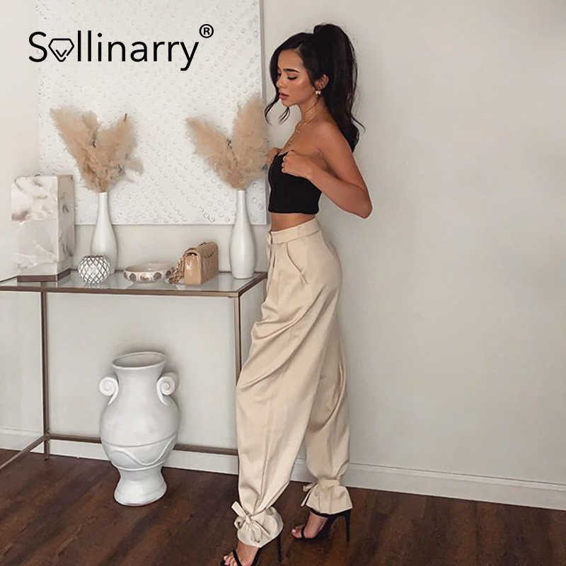 Sollinarry Fashion loose trousers elegant High street satin drape hem sash pants spring Chic office lady outfit female bottom 210709