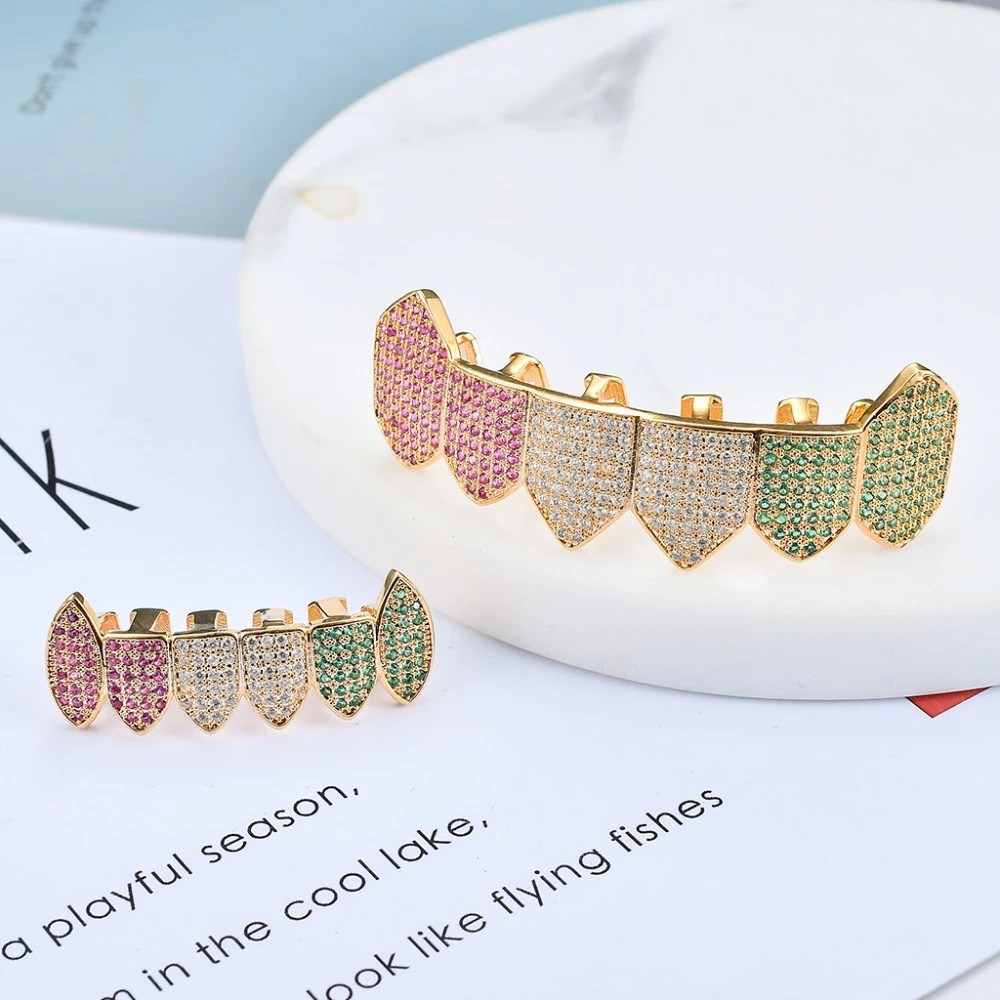 Hip Hop teeth Grillz Iced Out AAA Pink Color Zircon Fang Mouth Teeth Caps Top & Bottom Tooth Set Men Women Grills Jewelry