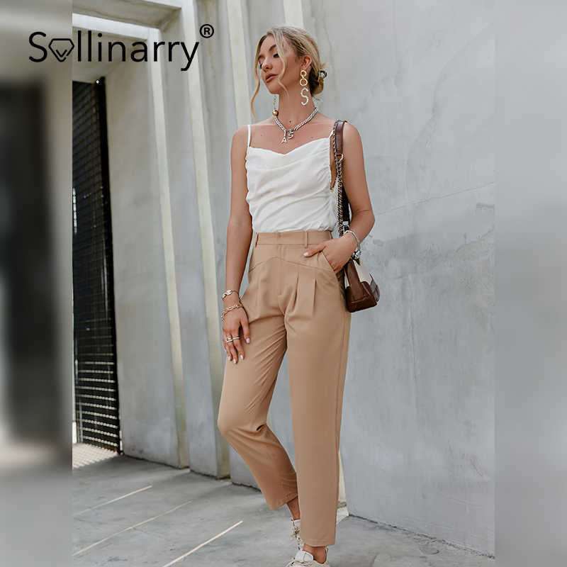 Sollinarry High street pocket summer pants women Casual elastic splice female bottoms Elegant office chain solid pants 210709
