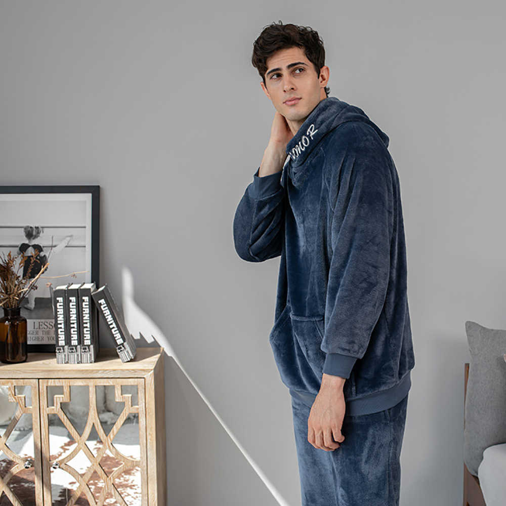 Men's Warm Hooded Pajamas Winter Flannel Pajama Sets Loose Male Lounge Set Plus Size Fashion Letter Embroidery Pijama Sleepwear 211014