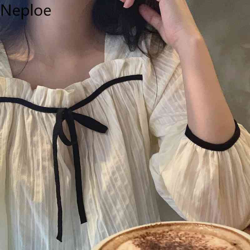 Neploe Tops Female Square Neck Blouse Women Spring Ruffles Jacquard Blouse Elegant White Blusas Sleeve Long-sleeve Shirt 4h742 210422