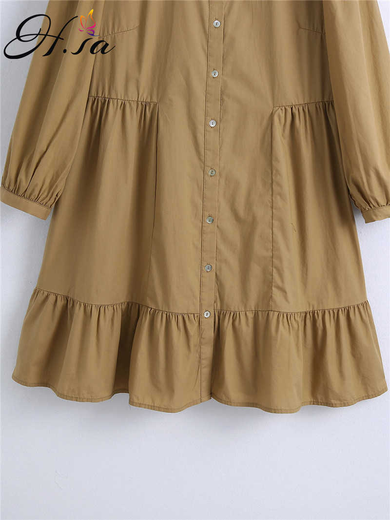 H.SA Ruffles Dress Women Summer Long Sleeve Vestidos Oversized Khaki Pleated Vestidos Pure Cotton Turn Down Collar Dress 210716