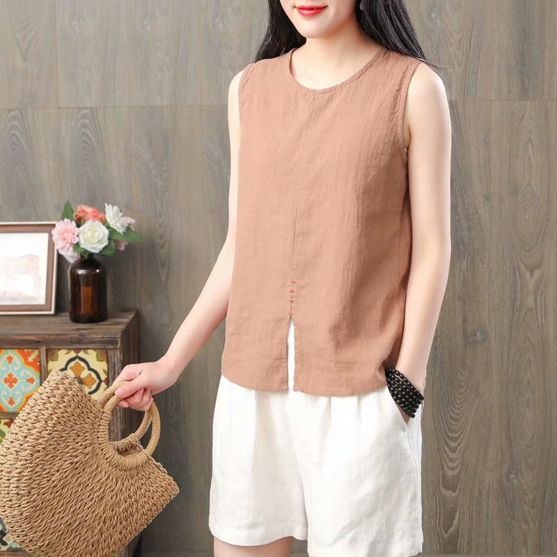 Summer Arts Style Women Solid Sleeveless Tank Top Loose Cotton Linen Femme Allmatched Casual Basic Tops S985 210512